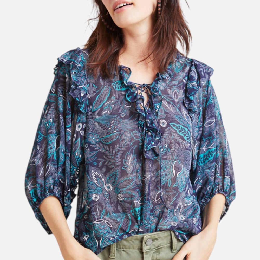 Anthropologie Haida Peasant Top Women's Large Sheer Floral Tie Neck NWT Boho